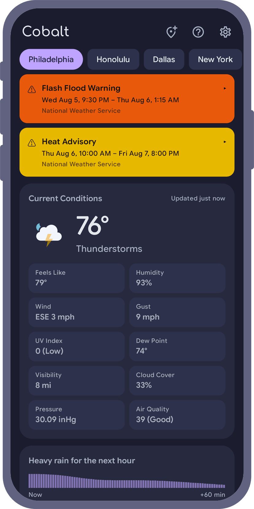 A severe thunderstorm warning pinned above the forecast