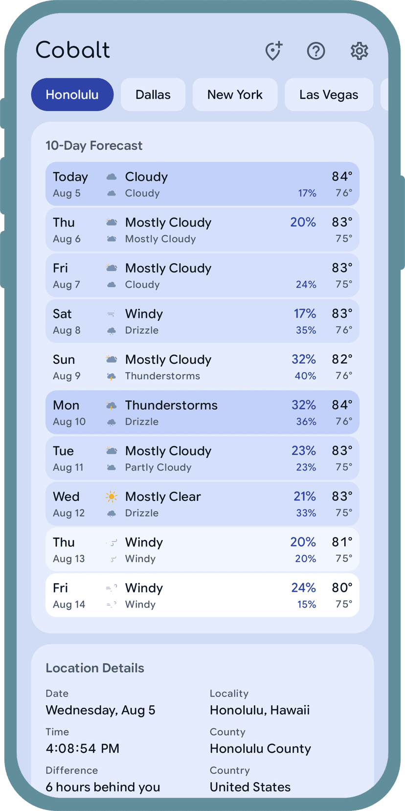 The 10-day forecast, each day split into daytime and overnight