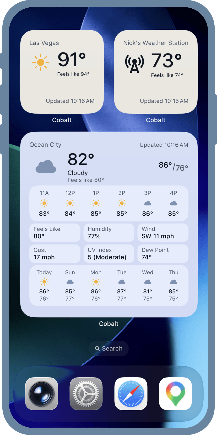 Cobalt's forecast and station widgets on a home screen